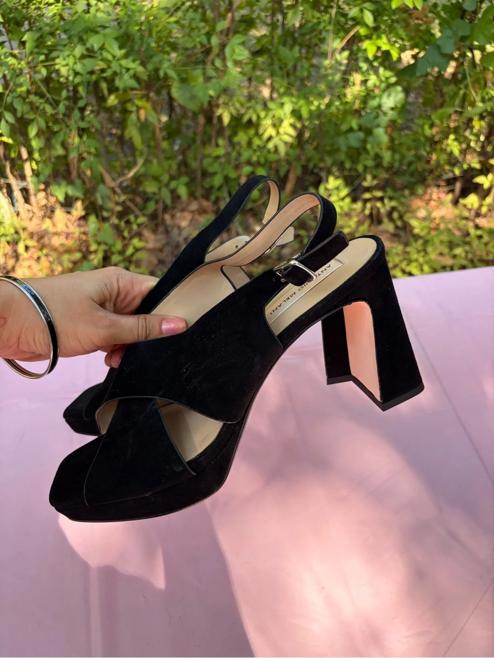 ANTONIO MELANI Black Suede Crisscross Slingback Platform Heels